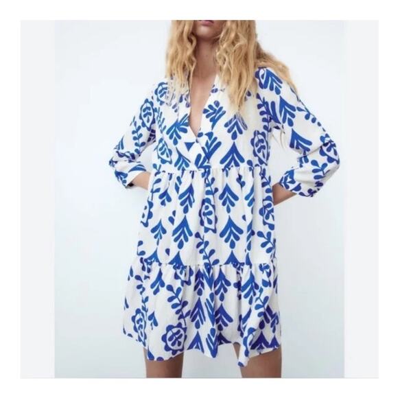 Zara blue and white floral baby doll dress size xs - Picture 5 of 5